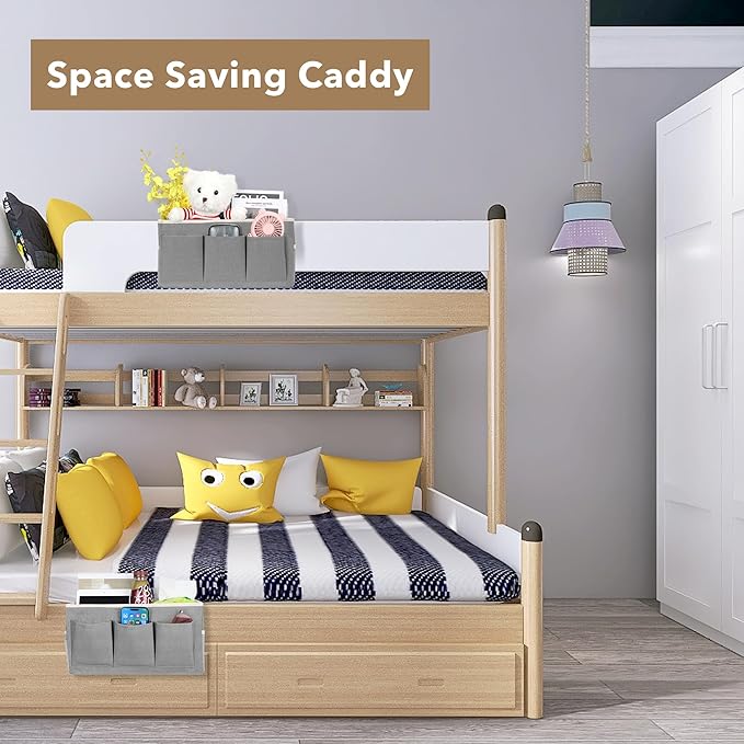 Kanrichu Bedside Caddy Hanging Storage Bag, Organizer Baskets with Pockets for Bunk Bed Accessories, Loft & Dorm Rooms Chair Bed Rails (Gray-3pcs)