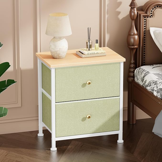 DUMOS Nightstand Small Dresser with 2 Fabric Drawers Side Tables Bedroom End Table Kids Bedside Storage Furniture for 20 inch Tall Night Stand for Closet, Entryway, College Dorm, Light Green 2Pack
