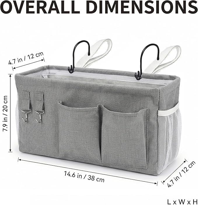 2pc Bedside Caddy Organizer with Hooks, No-Sagging Canvas Hanging Bed Pocket with Water Bottle Holder, Bedside Storage for Dorm Room Essentials, Bunk Bed Accessories, Hospital Bed Rails & Crib (white)