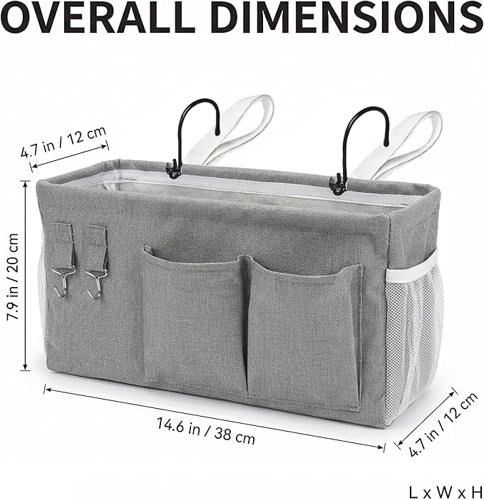1pc Bedside Caddy Organizer with Hooks, No-Sagging Canvas Hanging Bed Pocket with Water Bottle Holder, Bedside Storage for Dorm Room Essentials, Bunk Bed Accessories, Hospital Bed Rails & Crib (white)