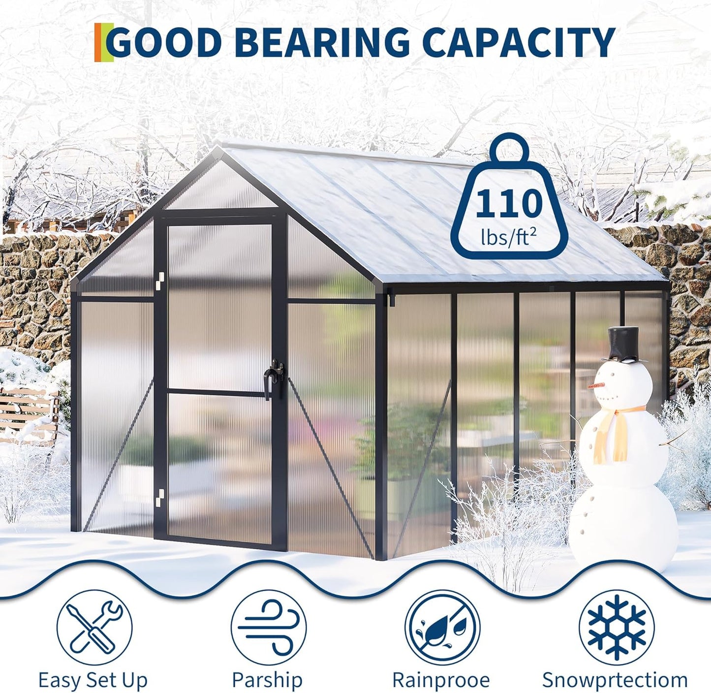 6 x 10 FT Greenhouse, Greenhouses for Outside, Polycarbonate Greenhouse with Aluminum Frame, Lockable Door and Ajustable Roof Vent for Backyard, Green Houses for Outside Garden Backyard, Patio