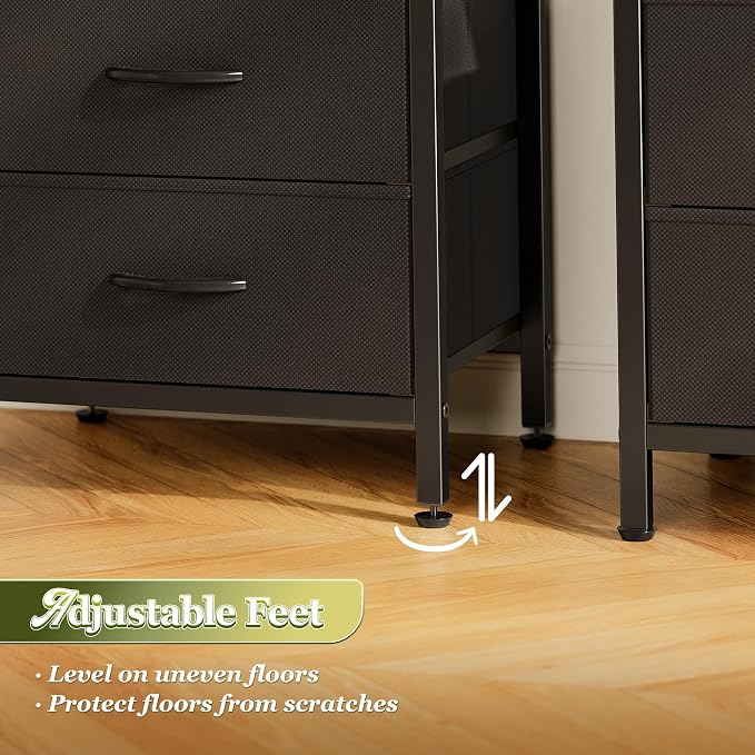Huuger Night Stand Set of 2, Nightstand with 2 Drawers, Bed Side Table with Open Shelf, Wooden Top, End Table, Fabric Drawer, for Bedroom, Rustic Brown and Black