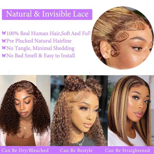Punmasa 14 Inch Bob Wig Human Hair Highlight Ombre 13x6 lace front wig human hair 200% Density Real Human Hair Pre Plucked Deep Curly Short Bob Wigs for Women 4/27