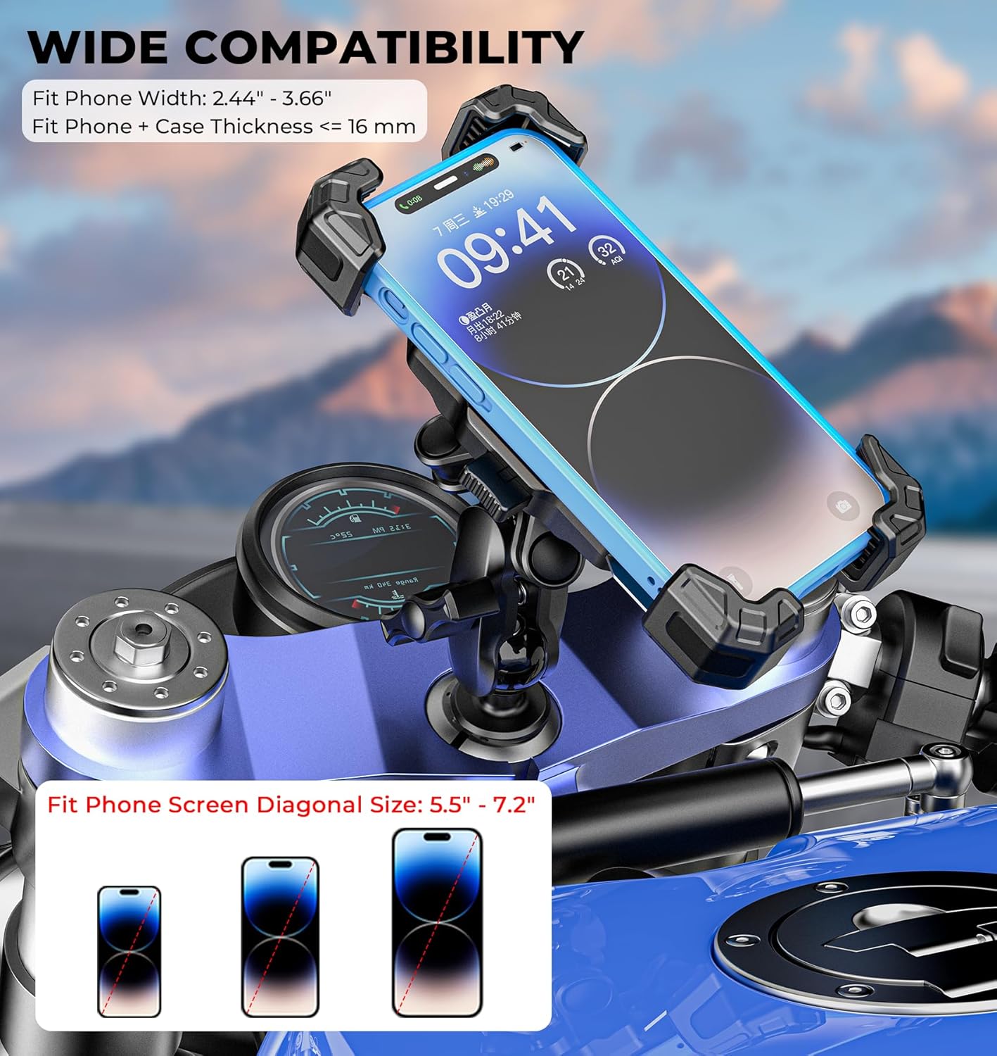 Motorcycle Fork Stem Phone Mount with Vibration Dampener, Motorcycle Cell Phone Holder with Aluminum Alloy Anti-Theft Short Arm, Fit 12mm to 25.4mm Diameter Stem Tubes, for 5.5"-7.2"" Phones"