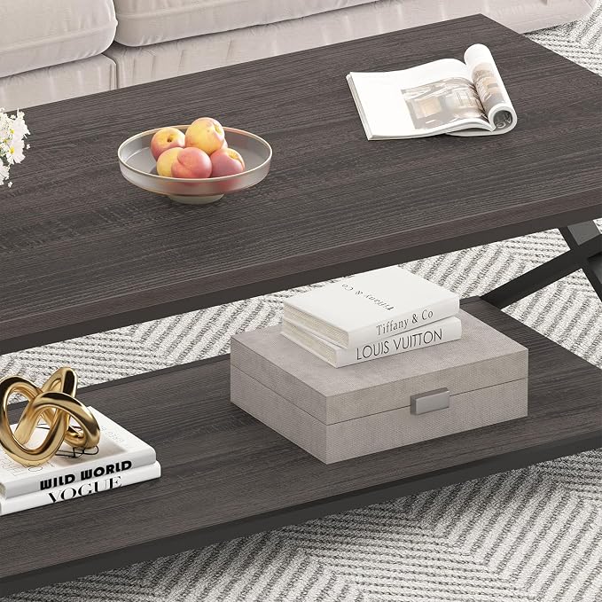 HSH Gray Coffee Table for Living Room, Minimalist Rectangle Center Table with Storage Shelf,Industrial Dark Wood and Metal Cocktail Tea Table, Office Simple 2 Tier Display Coffee Table, 47 Inch