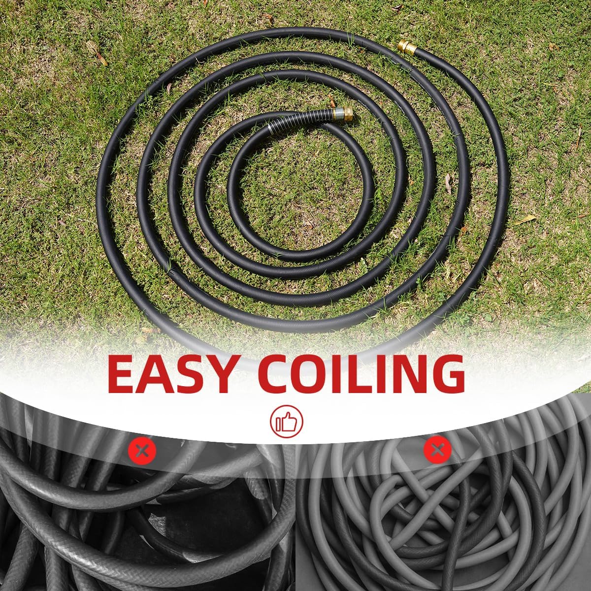 WiseFlow Garden Hose 50FT x 3/4", Heavy Duty Rubber Hose, 1000PSI Burst, 300PSI Working, Water Hose with Five Layered Braiding, Male Female Fittings (Black)
