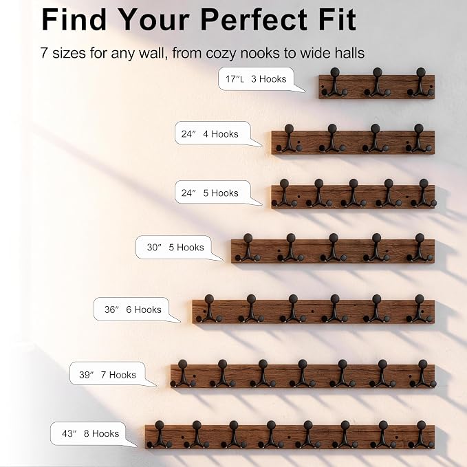 SKOLOO 24-Inch Wood Coat Rack Wall Mount with 5 Triple Hooks - Ideal for Family Entrances, Classrooms, and Pet Supplies Storage - Perfect Coat Hooks for Wall,Charred Golden Brown
