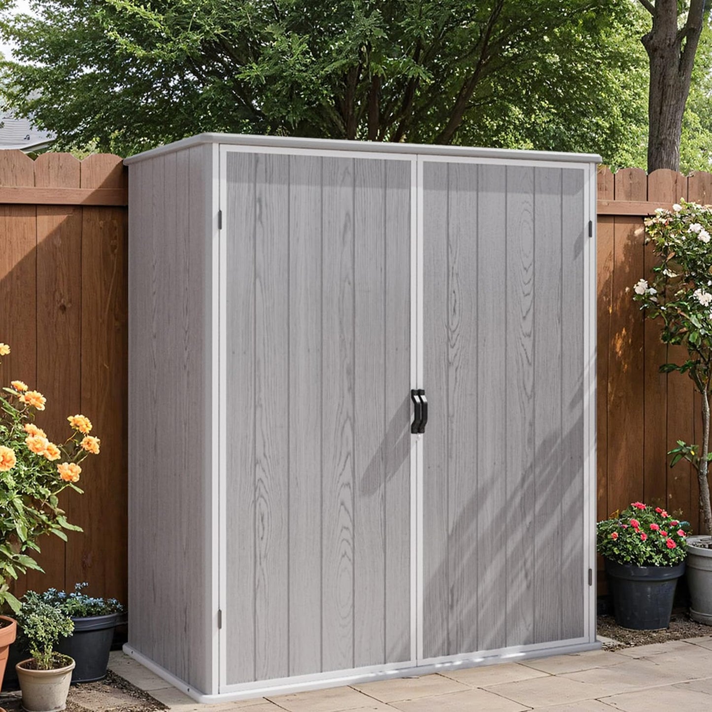 Patiowell 5 x 3 FT Plastic Outdoor Storage Shed, Resin Waterproof Cabinet with Stable Roof and Lockable Doors for Patio Furniture, Pool Accessories and Tools, White
