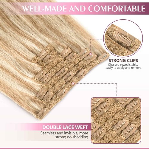 Fimislosion Real Hair Extensions Clip in Human Hair, Seamless Clip in Hair Extensions Real Human Hair, 20 Inch Clip ins extensions for women, Honey Blonde With Bleach Blonde 120G 7Pcs