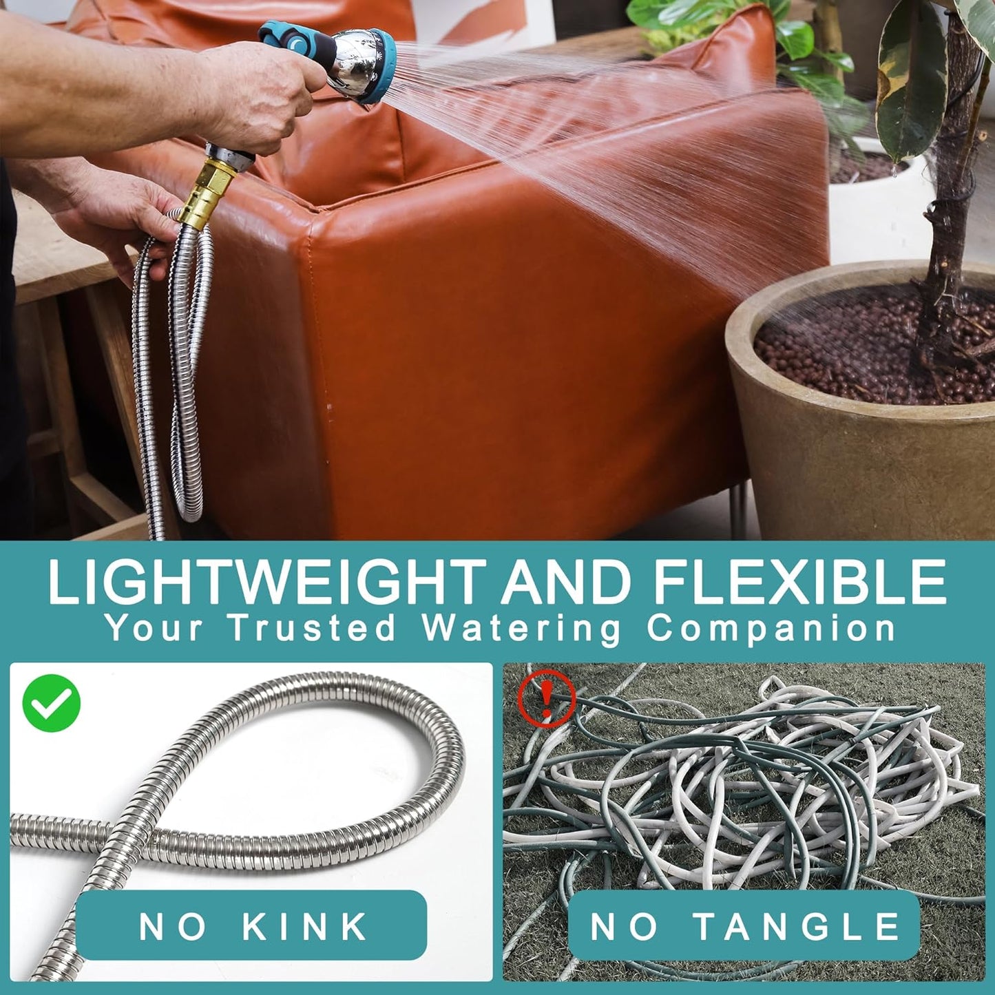 100FT 5/8'' Garden Hose, 304 Stainless Steel Water Hose, Flexible with a 10-Mode Nozzle Sprayer, No Kink, Lightweight, Puncture Proof Metal Hose, Ideal for Yard, Lawn, Outdoor