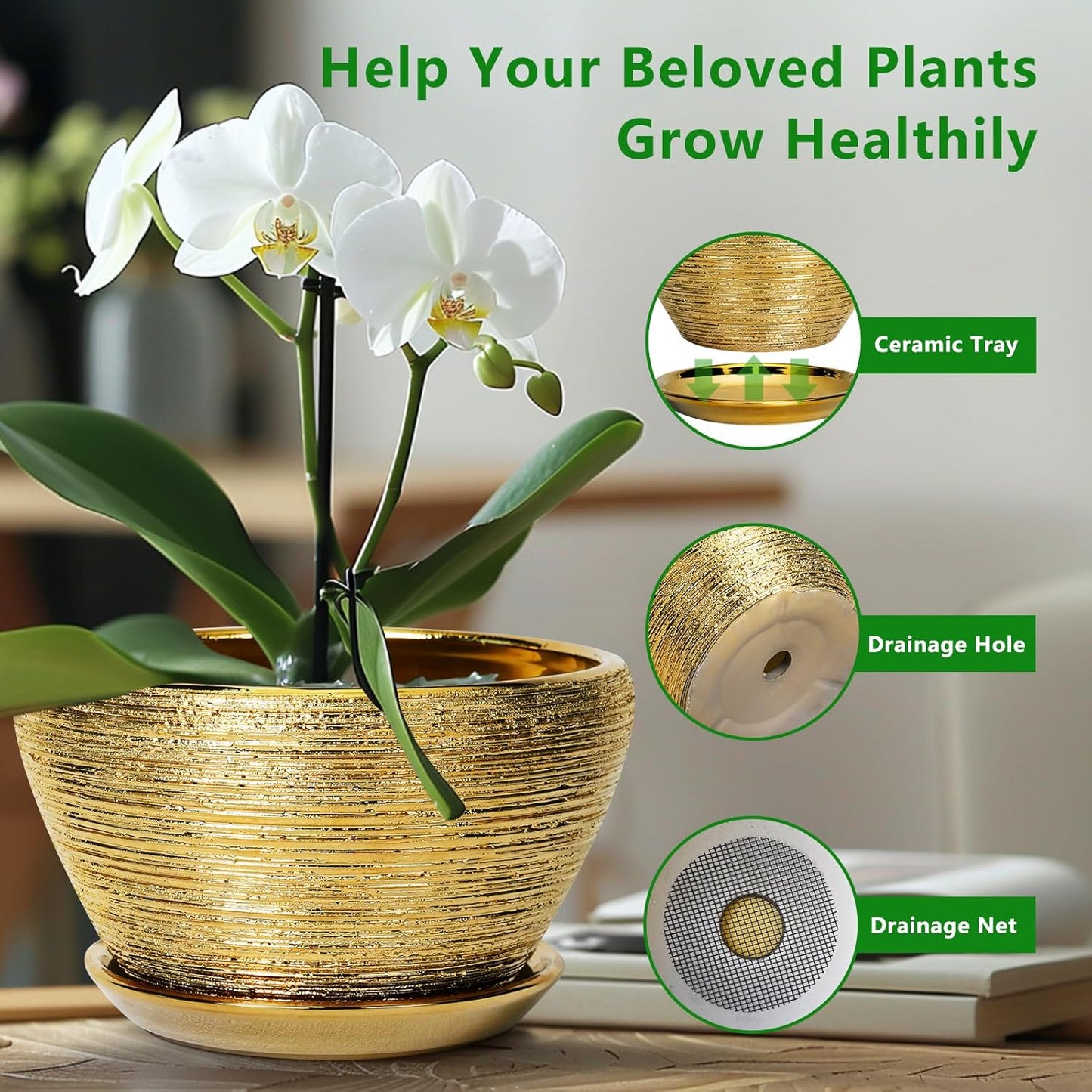 Ceramic Planter 13 Inch - Indoor Plant Pot with Drainage Hole and Saucer Large Ceramic Pot for Plants Mid-Century Decorative Modern Outdoor Flower Pot for Home Decor Gold