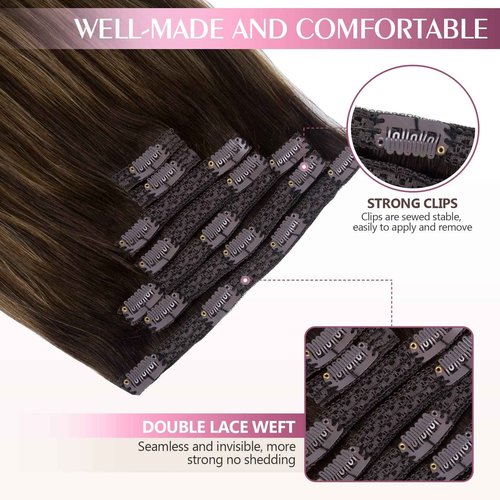 Fimislosion Real Hair Extensions Clip in Human Hair, Seamless Clip in Hair Extensions Real Human Hair, 20 Inch Clip ins extensions for women, Balayage Dark Brown to Middle Brown 120G 7Pcs