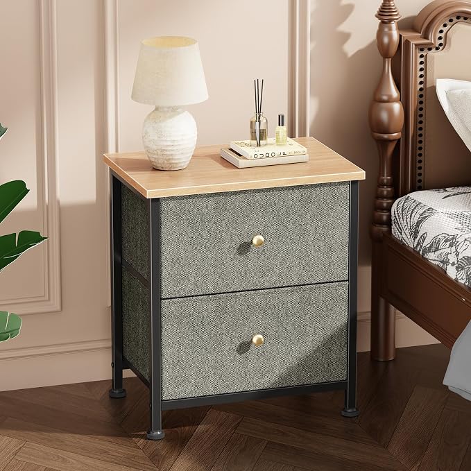 DUMOS Nightstand Small Dresser with 2 Fabric Drawers Side Tables Bedroom End Table Kids Bedside Storage Furniture for 20 inch Tall Night Stand for Closet, Entryway, College Dorm, Ink Green 2Pack