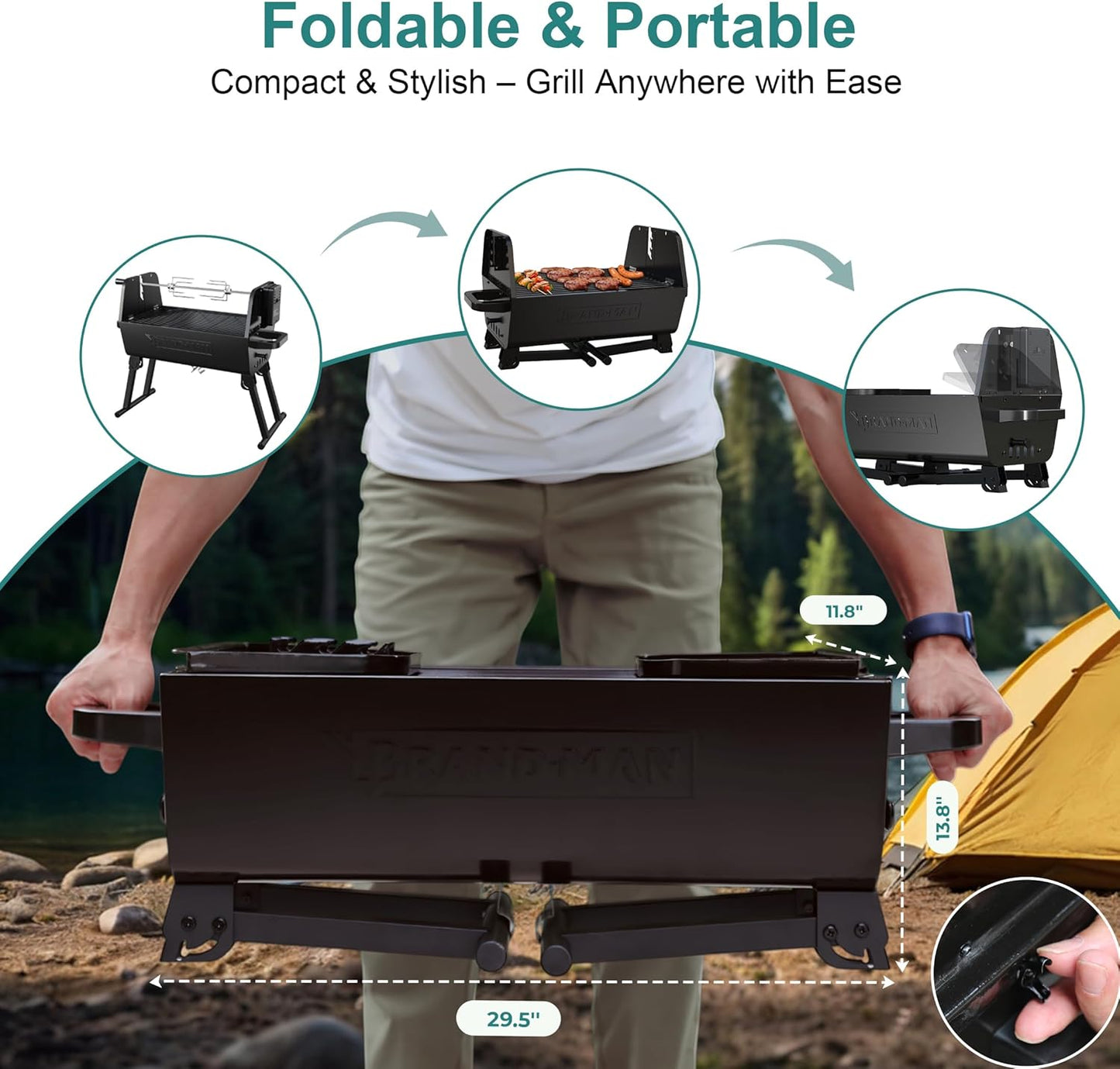 Brand‑Man 2‑in‑1 Charcoal BBQ Grill with Motorized Rotisserie – Portable, Foldable Grill, 257 sq in Outdoor BBQ Grill for Camping & Tailgate, Adjustable Height, Dual Vents