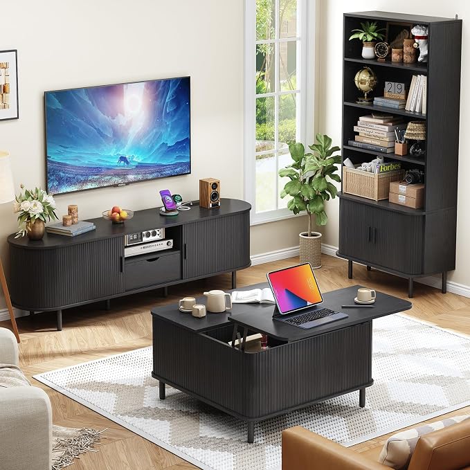 ONBRILL 71" Tall Bookshelf, 4-Tier Bookcase with Storage Cabinet & Adjustable Shelves, Floor Standing Wooden Bookshelf with Sliding Door and Adjustable Footpad, for Home Office, Living Room, Black