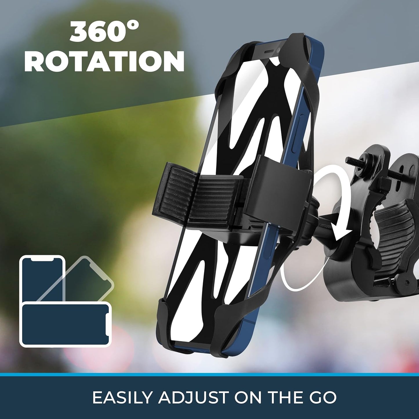 Roam Universal Black Net Bike Phone Mount Holder, 360° Rotation Hands Free Cell Navigation System for Motorcycle eBike Dirt Road Cruiser Scooter Jogging Stroller, Adjustable Up to 3.6" W x 7"" L"