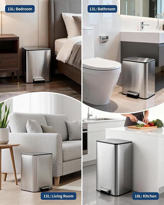 4 Gallon/15 Liter Trash Can, Stainless Steel Step Garbage Can with Quiet Soft-Close Lid, Foot Pedal & Removable Inner Bucket, Rectangular Trash Bin for for Living Room Home Office, Silver