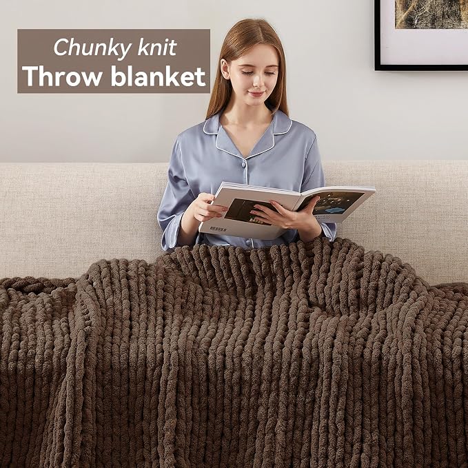 Negwoo Chunky Knit Throw Blanket, 60''*80'' Knitted Throw Chenille Yarn for Bed Couch, Handmade Dark Brown Crochet Big Thick Blanket, Machine Washable Cute Comfy Blanket for Home Decor