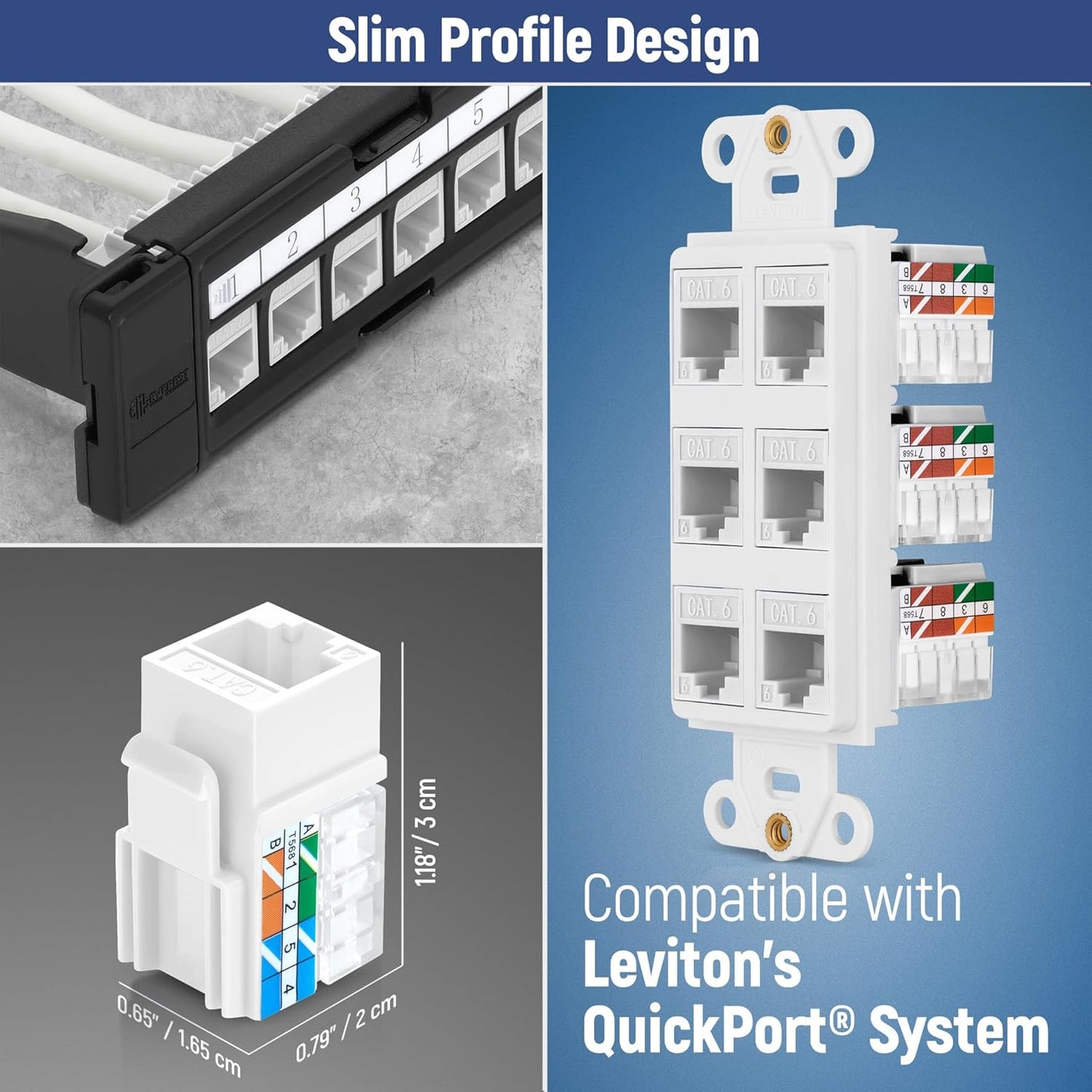 Everest 90° Angled RJ45 Cat6A Keystone Jacks 100-Pack in White - Slim Profile Female RJ45 Connectors - Cat 6A Keystone Jack - Compatible with 90° Angled Speed Termination Tool - easyJACK (B094WB91H3)