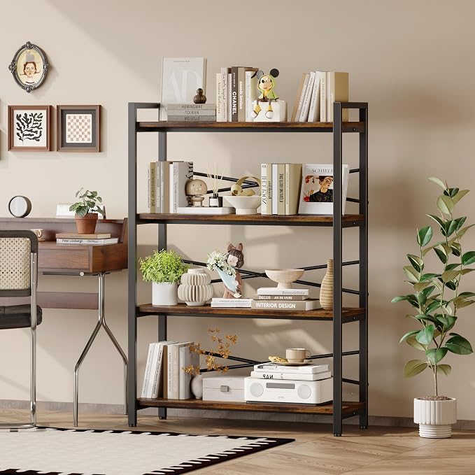 4 Tier Bookshelf 31.49" Width, Book Organizers and Storage, Wood and Metal Tall Bookcase, Rustic Book Shelf Organization and Storage for Home Living Room Bedroom Office Storage(Rustic Brown)