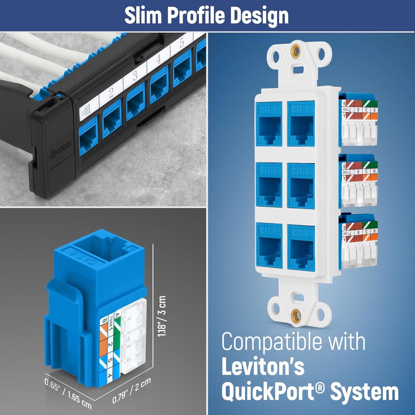 Everest 90° Angled RJ45 Cat6 Keystone Jacks 10-Pack in Blue - Slim Profile Female RJ45 Connectors - Cat 6 Keystone Jack - Compatible with 90° Angled Speed Termination Tool - easyJACK (B094WB91H3)