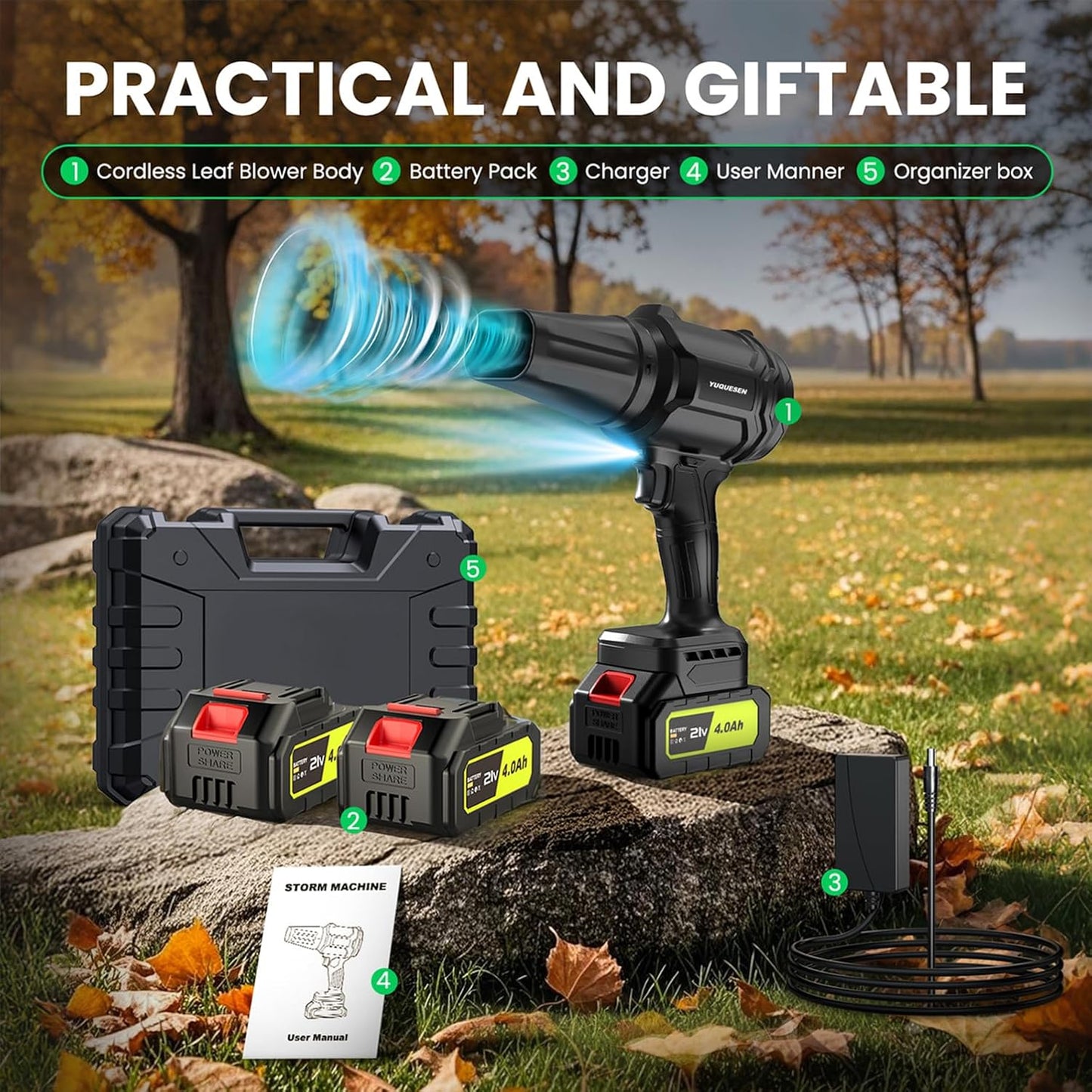 Cordless Leaf Blower, 980,000 RPM Handheld Leaf Blower with 2 X 4.0Ah Batteries & Charger, Lightweight Leaf Blowers for Patio Cleaning, Lawn Care, Leaves, Dust