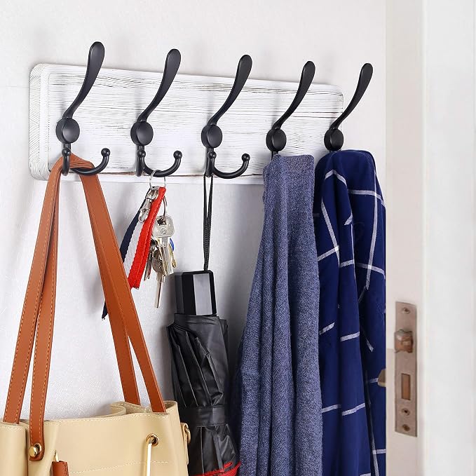 WEBI Coat Rack Wall Mount,Wood Coat Hooks Wall Mounted Coat Hanger,16" Hole to Hole,Wall Hook Rack Rail,5 Triple Hooks for Hanging Coats,Clothes,Jacket,Hats,Entryway,Black/White,2 Packs