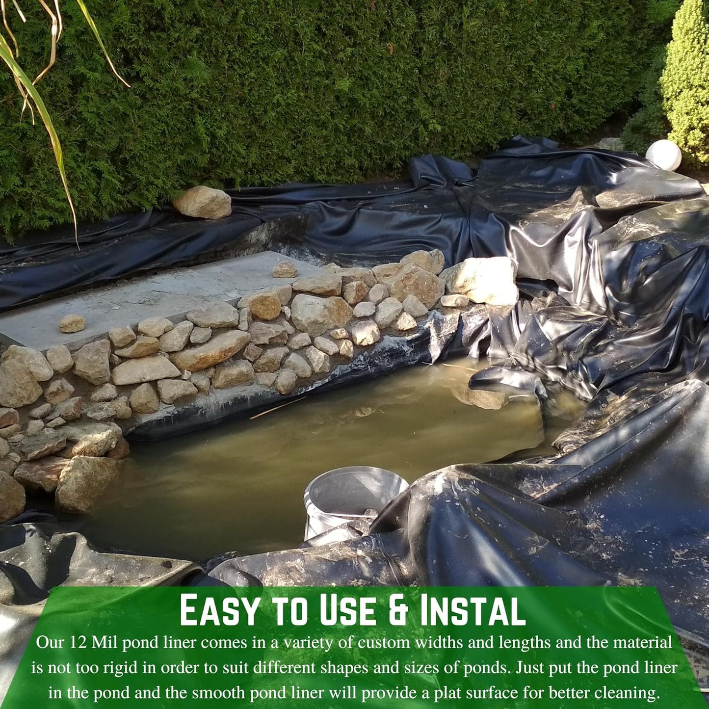 Farm Plastic Supply - 12 Mil String Reinforced Black/White Pond Liner - 12 Mil Fish Pond HDPE Liner, Pond Liners for Outdoor Ponds, Koi Ponds, Garden Fountain, Containment Liner (6' x 80')