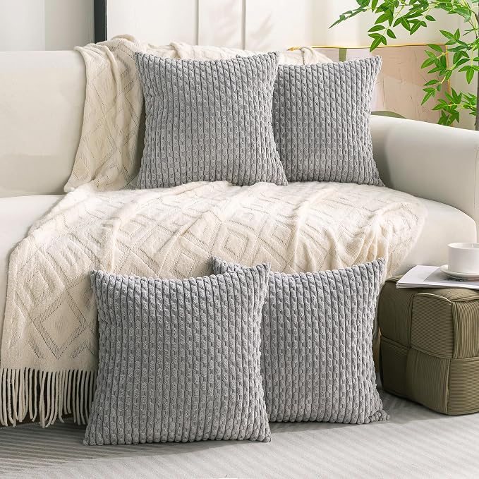 Set of 4 Grey Decorative Throw Pillow Covers 16x16 Inch Corduroy Pillow Covers for Bed Couch Sofa Living Room Soft Square Cushion Cases
