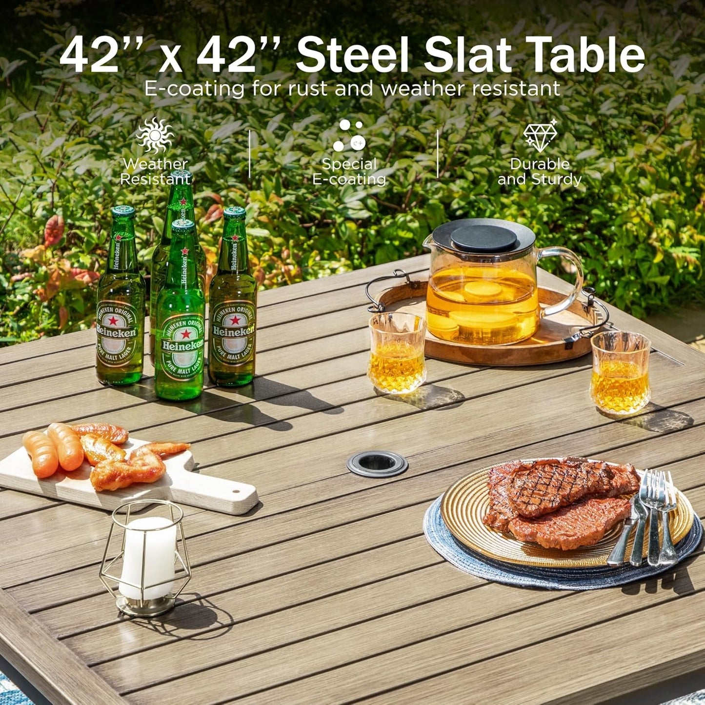 PHI VILLA 5 PCS Patio Dining Set, 4 Patio Swivel Dining Chairs & Square Brown Metal Slat Table Top with 1.57" Umbrella Hole, Outdoor Table and Chairs for All Weahter