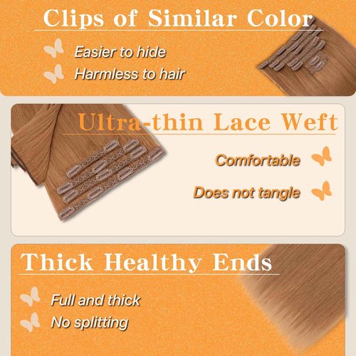 TESSHAIR Clip in Hair Extensions Long Straight, 100% Real Human Hair,No Tangle & Smooth,120g, 20 Inch,#30 Light Auburn