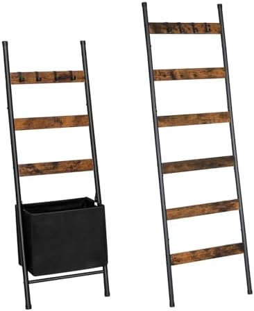 HOOBRO Blanket Ladder with Basket and 6-Tier Towel Rack with Hooks Bundle, Blanket Holder Rack, Decorative Shelf, Drying and Display Rack for Bathroom, Living Room, Rustic Brown BF31CJ01-BF66CJ01