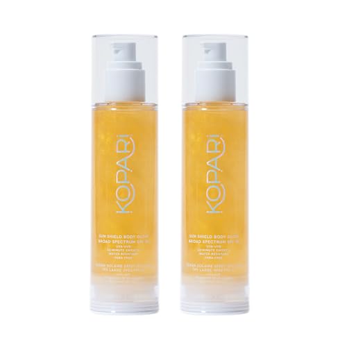 Kopari Sun Shield Body Glow, Broad Spectrum SPF 50, Lightweight Shimmering Gel Texture Absorbs Quickly, Non Sticky, Glowing Results, Gold 2 Pack