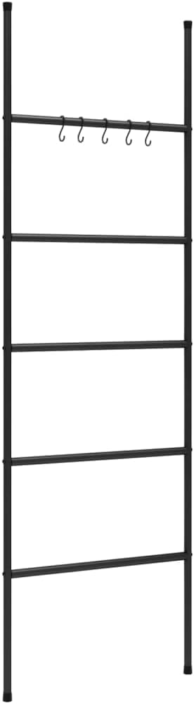 5-Tier Towel Rack Ladder, Wall-Leaning Metal Iron Blanket Storage Holder for Bathroom, Bedroom, Living Room, Modern Space Saving Organizer, Black