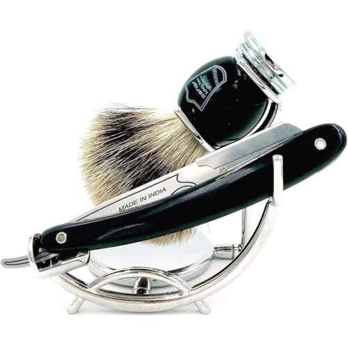Parker Safety Razor Classic Black Straight Edge Barber Razor Shave Set - Includes 100% Pure Badger Brush, Chrome Stand, SRB Shavette Razor and 100 Blades