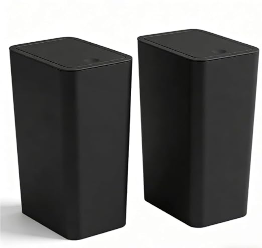 Compact Push-in Trash Can with Lid for Bathrooms, Kitchens, Living Rooms, Offices, Etc., Trash Can with Pop-Up Lid, 10 Liter/2.6 Gallon Slimline (Black，2 Pieces)