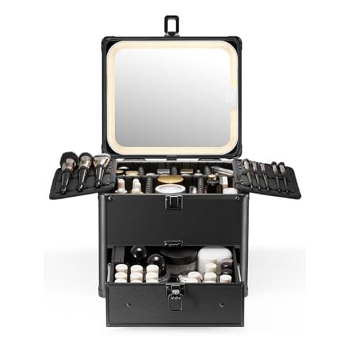 Qislee Makeup Box with Drawer and A Detachable Lighted Mirror, Waterproof Travel Train Case, Cosmetic Organizer and Makeup Suitcase with Adjustable Dividers, Magnetic LED Mirror (Black)