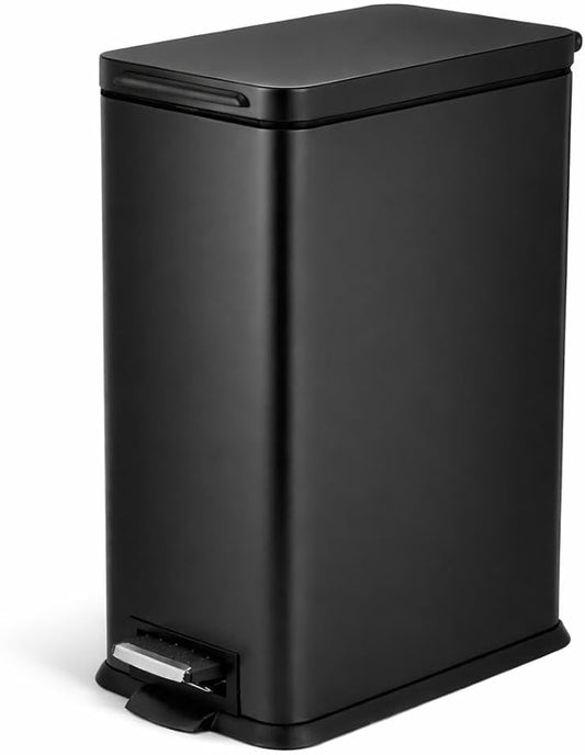 Home Zone Living 4 Gallon Slim Kitchen Trash Can with Soft Close Lid and Step Pedal, Matte Black Stainless Steel Wastebasket with Removable Bucket