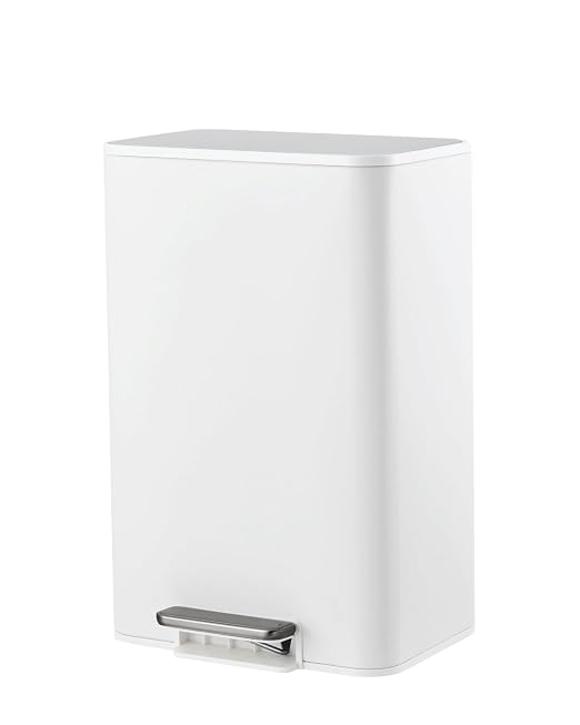 4 Gallon/15 Liter Trash Can, Stainless Steel Step Garbage Can with Quiet Soft-Close Lid, Foot Pedal & Removable Inner Bucket, Rectangular Trash Bin for for Living Room Home Office, White