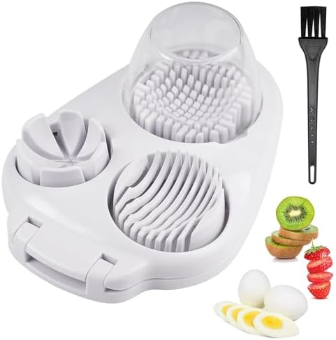 3 in 1 Egg Slicer for Hard Boiled Eggs with Cleaning Brush, Multipurpose 3-Way Cutter with 3 Slice Modes, Heavy Duty, Hard Boiled Egg Cutter & Fruit Slicer, Dishwasher Safe (White)