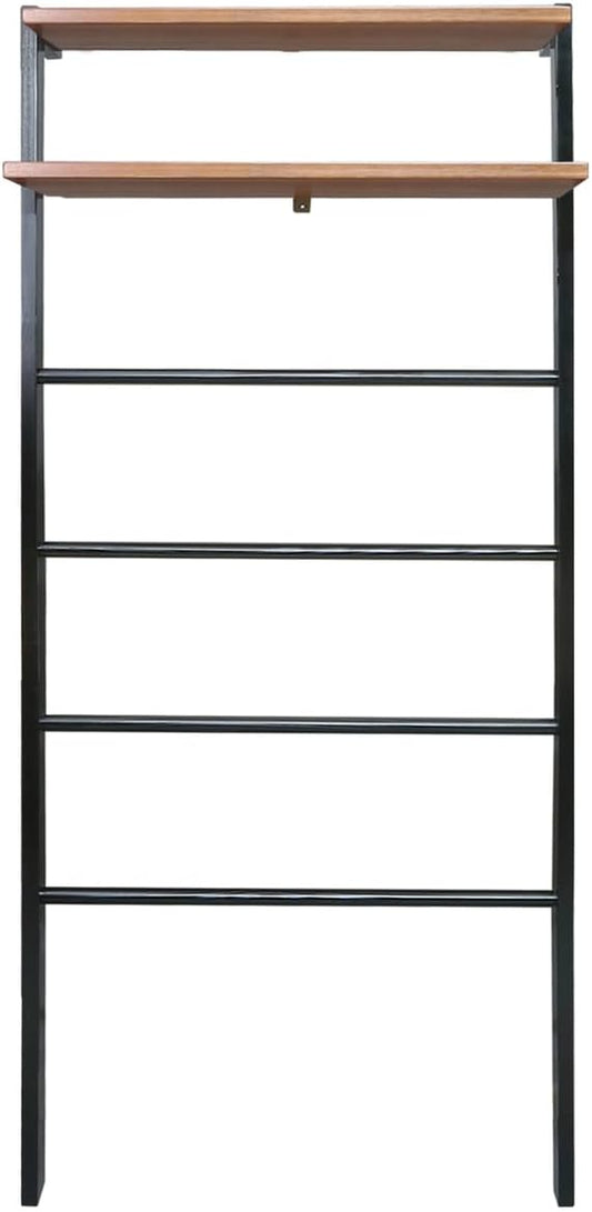Space Saving 100% Solid Wood 6-Tier Blanket Ladder with Two Storage Shelves - Black/Sweet Oak