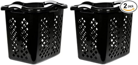 ReMoiz 2 Pack Ultra Easy Carry Plastic Laundry Hamper, 2 Bushel Lamper Plastic Laundry Basket with Silver Handles,Dirty Clothes Laundry Hamper Bin for Home, Apartment, or Dorm Room, Black