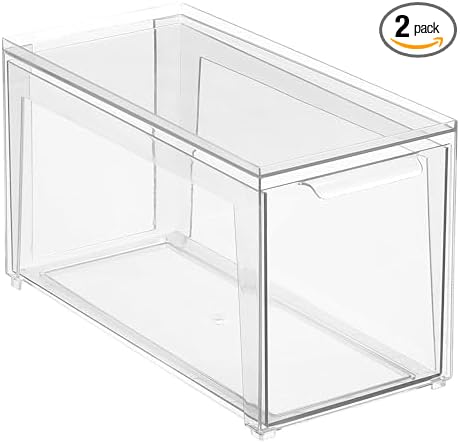 mDesign Plastic Stackable Bathroom Storage Organizer Bin Containers with Front Pull Drawer for Bathroom Countertop, Vanity, Closet Shelves - Holder for Accessories - Lumiere Collection, 2 Pack, Clear
