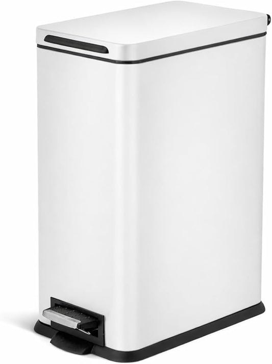 Home Zone Living 8 Gallon Kitchen Trash Can with Slim Fit Design | Stainless Steel with Soft-Close Step Pedal Lid, Bag Tuck Band for Easier Bag Changes, Rectangular Shape, Black