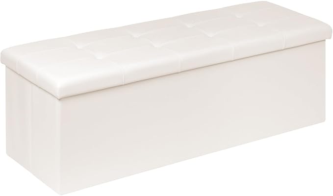 PINPLUS Folding Storage Ottoman Bench with Tray, 43.3inches Faux Leather Long Storage Chest Footrest Seat, Coffee Table, Foot of Bed Storage Bench for Living Room Bedroom, Beige