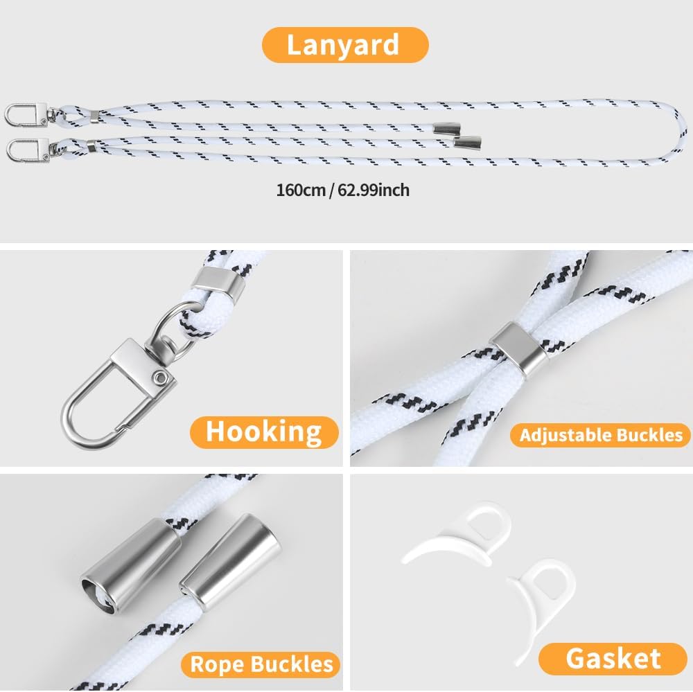 for iPhone 16 Pro Case with 62.99 inch Lanyard, Classic Clear&White Magnetic Phone Case, Drop&Shockproof Protection Cases, Phone Lanyard for Around The Neck, Compatible with Magnet Accessory