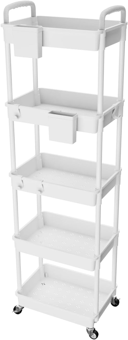 5 Tier Rolling Utility Cart with Handle,REBECAT Utility Cart Made of Multifunctional Storage Organizer Tool for Kitchen,Bathroom,Living Room,Office(White)