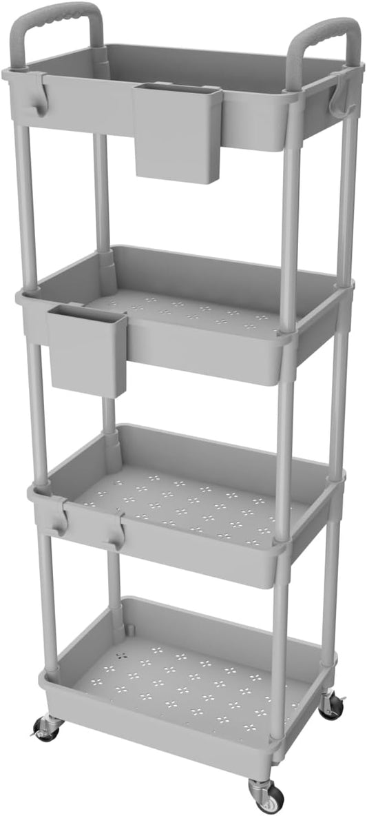 4 Tier Rolling Utility Cart with Handle,REBECAT Utility Cart Made of Multifunctional Storage Organizer Tool for Kitchen,Bathroom,Living Room,Office(Gray)