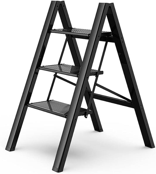 3 Step Ladder, Aluminum Folding Step Stool with Anti-Slip Sturdy and Wide Pedal, Lightweight Portable Stepladder for Home and Kitchen Use Space Saving, Black, 330 lbs