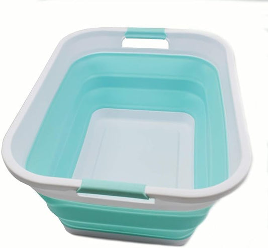SAMMART 41L (10.8 gallon) Collapsible Plastic Laundry Basket-Foldable Pop Up Storage Container/Organizer-Portable Washing Tub, Water capacity: 32L (8.4 gallon) (Rectangular, White/Lake Green)